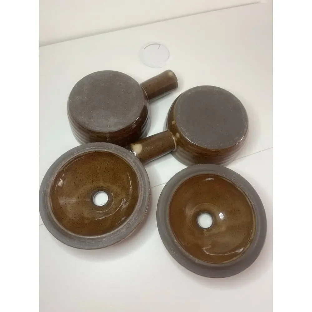 Set Of Vintage Mini Ceramic Crockpot w/ Lid Speckled Stoneware Handled Soup Bowl